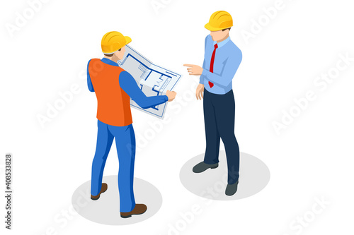 Isometric Builders On Building Site Looking At Plan. Business plan development. Teamwork and people concept.