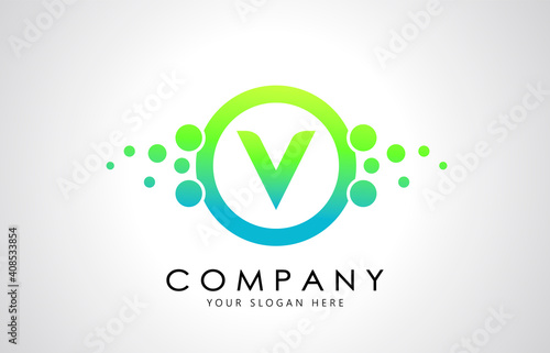 Dots Letter V Logo in Blue and Green Gradient. Alphabet Dotted Logo Vector Design, EPS10.
