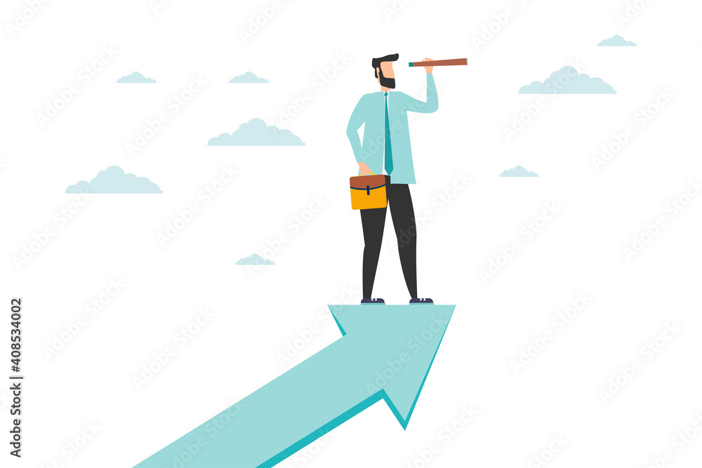 Man leader with power business vision, man visionary to see business opportunity concept, success businessman standing on top of rising arrow with telescope or spyglass to see future vision. Vector Man leader with power business vision, man visionary to see business opportunity concept, success businessman standing on top of rising arrow with telescope or spyglass to see future vision. Vector