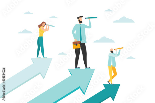 Mans leaders with power business vision, mans visionary to see business opportunity concept, success businessmans standing on top of rising arrow with telescope or spyglass to see future vision. 