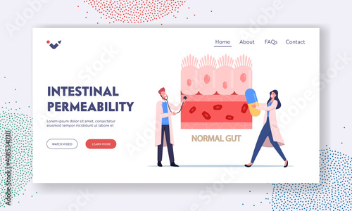 Intestinal Permeability, Gut Sickness Landing Page Template. Tiny Doctors Characters Presenting Healthy Intestinal Cells
