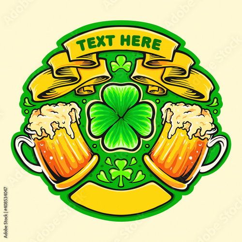 Two Beer Glasses Cheers St Patricks Day Badge illustrations for your work Logo, mascot merchandise t-shirt, stickers and Label designs, poster, greeting cards advertising business company or brands.