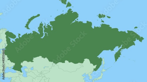 Map of Russia with pin of country capital. Russia Map with neighboring countries in green color.
