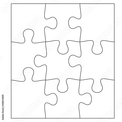 Blank Jigsaw Puzzle 9 pieces. Simple line art style for printing and web. Stock vector illustration