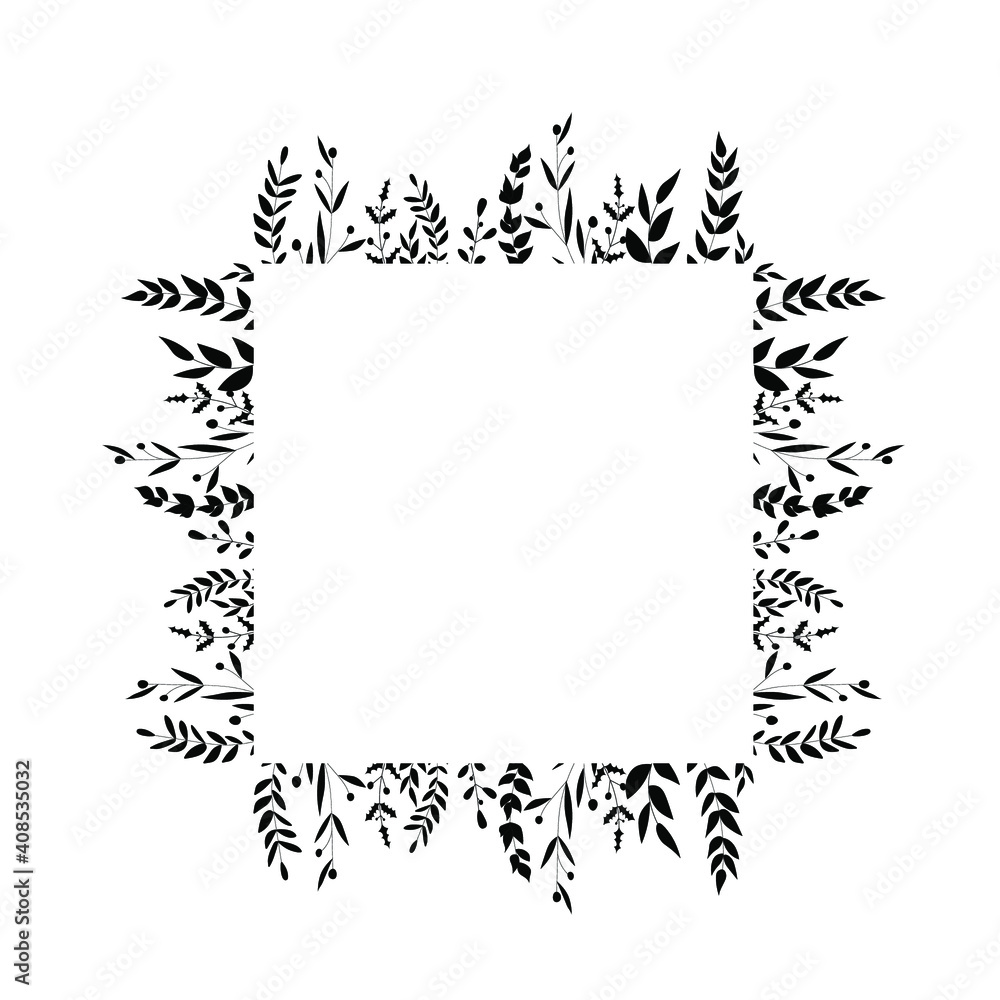 Square flowers frames. Black and white. Decorative frameworks  perfect for designing greeting cards, wedding cards, packaging, textiles, holiday decorations, logo	