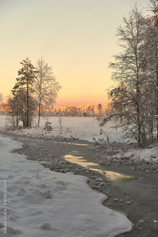 Lake winter nature landscape at sunset Lake winter nature landscape at sunset