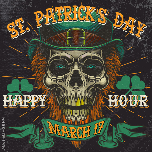 "St. Patrick's Day.Happy Hour. March 17". - banner design.  Vector illustration of bearded leprechaun skull with ribbon banner and typography in engraving technique. 