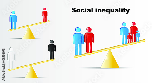 Social inequality. Racial discrimination and inequality between men and women - a person is discriminated against by weight. 3-dimensional volumetric infographics. Vector.