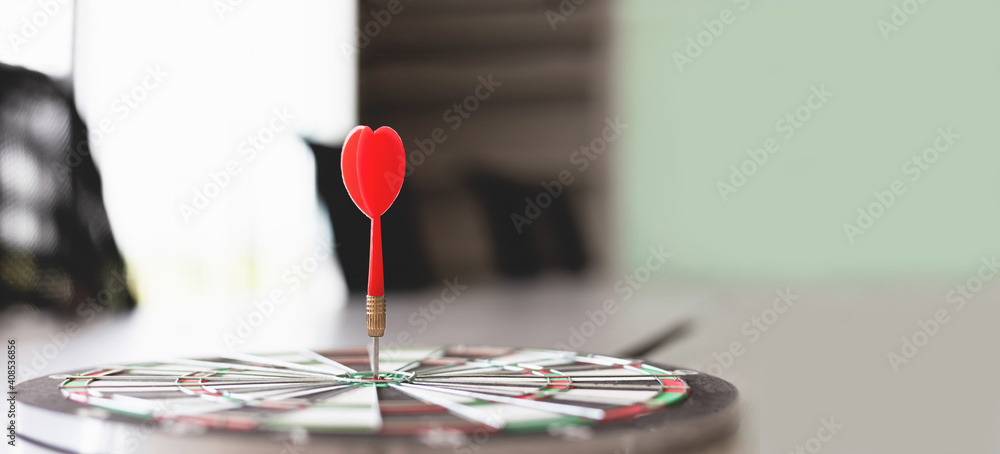 The dart board has an arrow thrown into the center of the shooting target for business targeting. The dart board has an arrow thrown into the center of the shooting target for business targeting.