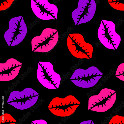 Lipstick prints on black background seamless pattern. Hand drawing. Design for wallpaper, textiles, packaging. Stock vector illustration. 