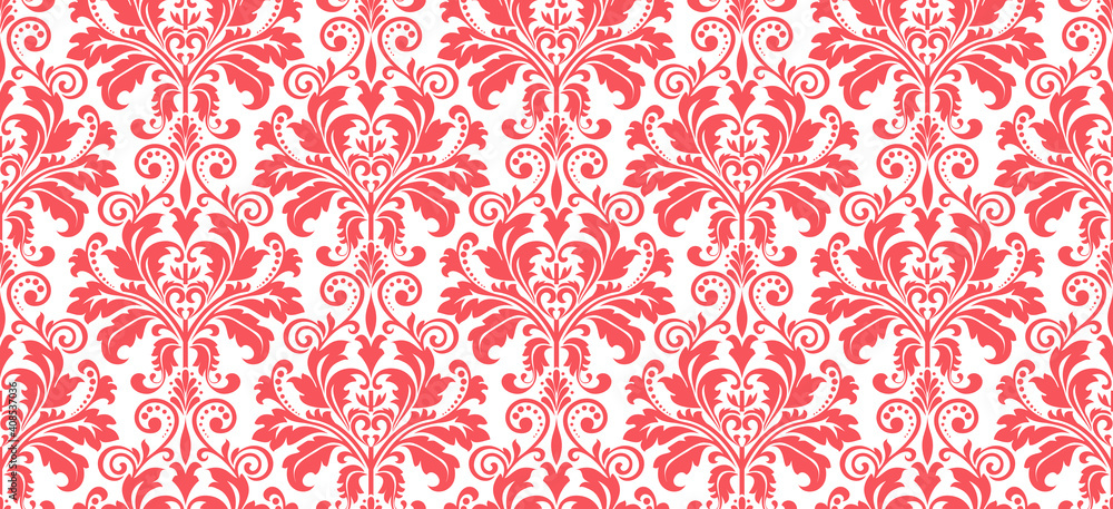 Wallpaper in the style of Baroque. Seamless vector background. White and pink floral ornament. Graphic pattern for fabric, wallpaper, packaging. Ornate Damask flower ornament Wallpaper in the style of Baroque. Seamless vector background. White and pink floral ornament. Graphic pattern for fabric, wallpaper, packaging. Ornate Damask flower ornament