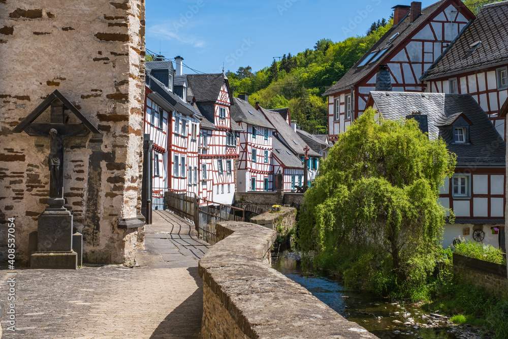 View of the historic half-timbered houses in the romantic Eifel town of Monreal / Germany 