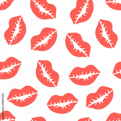 Lipstick trace on white background hand drawing seamless pattern. Concept for Valentine's Day, love. Design for textiles, fabric, wrapping paper. Vector stock illustration. 