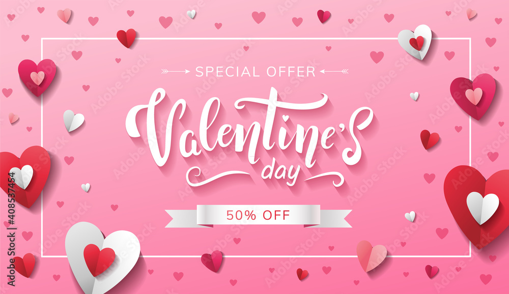 Valentine's Day special offer banner design with beautiful paper red white and pink hearts of different sizes and hand written lettering. - Vector Valentine's Day special offer banner design with beautiful paper red white and pink hearts of different sizes and hand written lettering. - Vector