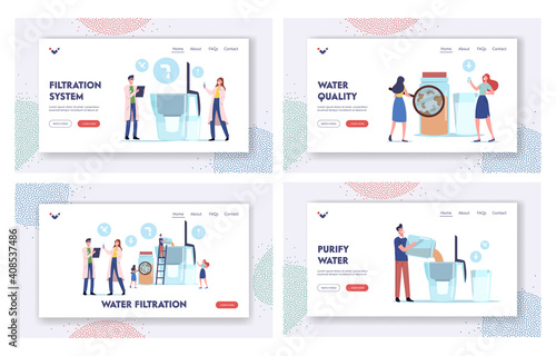 Water Filtration Landing Page Template Set. Tiny Characters Pouring Dirty Water in Huge Aqua Filter Jug for Cleaning