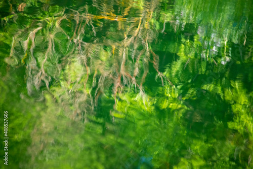 Reflection of the green summer trees in the moving water with warm sunlight and artistic atmosphere