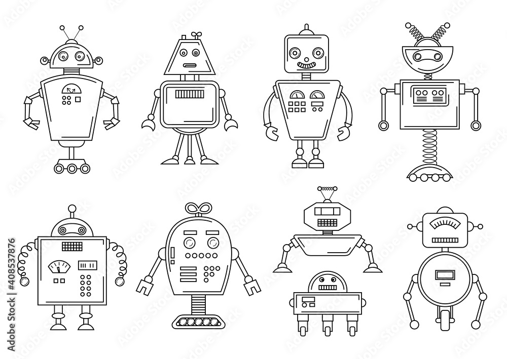 illustration of a Robot. Mechanical character design. Set of four different robots. Coloring book page illustration of a Robot. Mechanical character design. Set of four different robots. Coloring book page