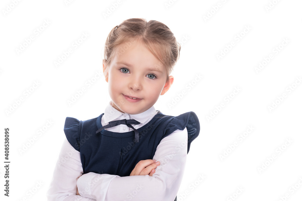 Little girl in stylish school uniform on white background. High quality photo Little girl in stylish school uniform on white background. High quality photo