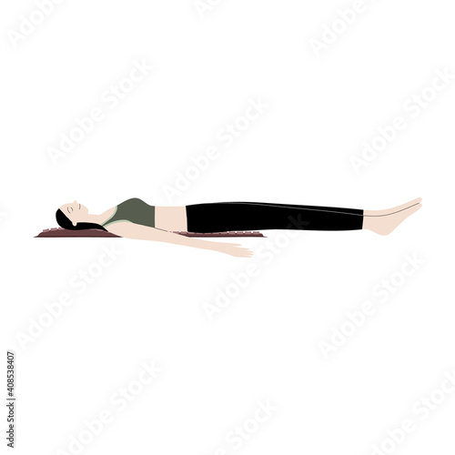 Vector flat hand drawn illustration of a woman lies on an applicator massage mat and pillow. Applicators for self-massage. Acupressure, acupuncture, healthy body, muscle relaxation