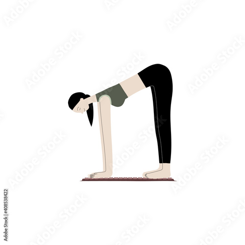 Vector flat hand drawn illustration of a woman is doing exercises on an applicator massage mat. Applicators for self-massage. Acupressure, acupuncture, healthy body, muscle relaxation