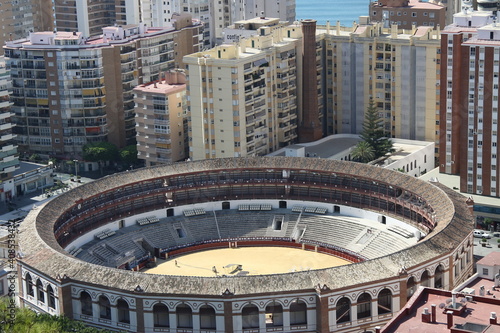 View of the bullring in Modern Malaga, a seaside town in the Spanish region of Andalusia, a resort center on the Mediterranean coast