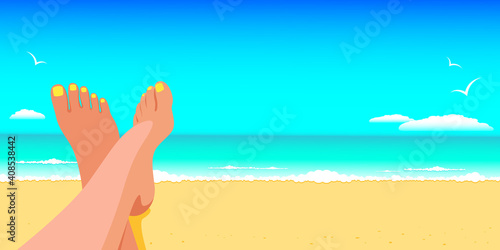 Woman lie on the beach by the sea and sunbathe on a sunny day, seascape. The concept of vacation and travel to the sea, summer vacation. Banner design with copy space. Stock vector illustration. 