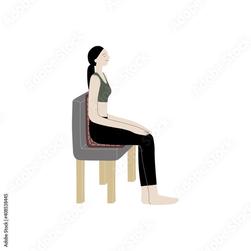 Vector flat hand drawn illustration of a woman is sitting on an applicator massage mat. Applicators for self-massage. Acupressure, acupuncture, healthy body, muscle relaxation