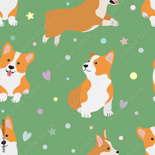 Cute dog in cartoon style. Seamless pattern with  welsh corgi. Vector illustration for print, wrapping paper,  greeting cards, decor, posters, fabric.