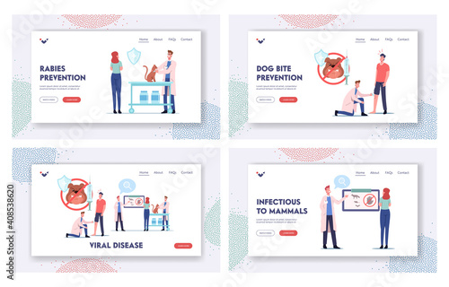 Viral Disease, Rabies Landing Page Template Set. Injured Patient with Dog Bite Visit Hospital. Vaccine Sickness Carriers