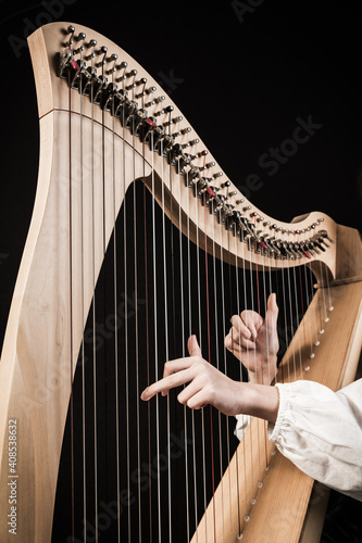Fototapet Hands playing wooden harp on black background