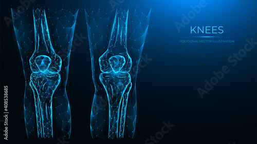 Abstract polygonal illustration of human knee anatomy. X-ray of knee joints made from lines and dots isolated on blue background.