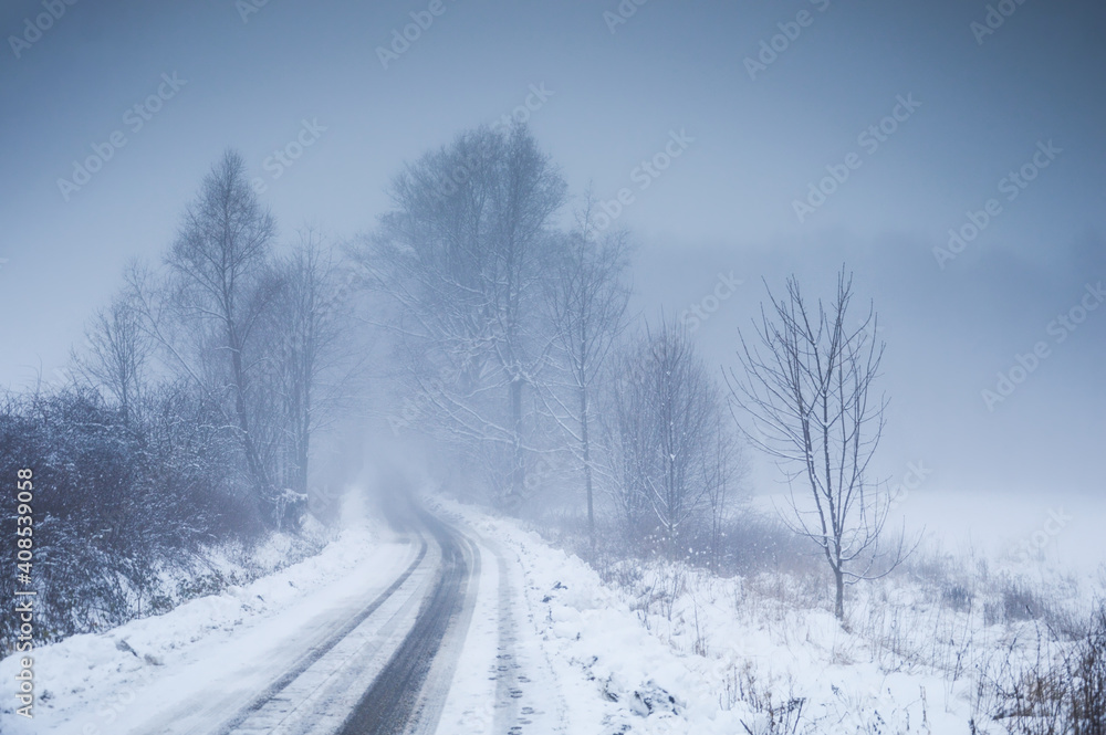 Fog over winter outdoor scene at Lower Silesia, Poland Fog over winter outdoor scene at Lower Silesia, Poland