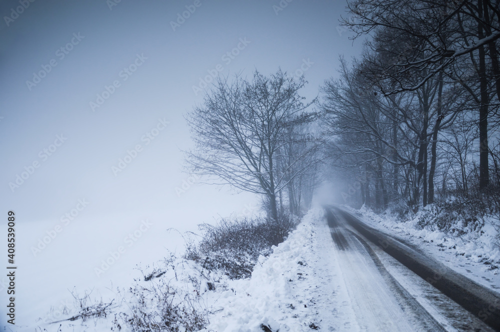 Fog over winter outdoor scene at Lower Silesia, Poland