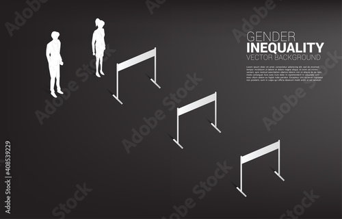 Silhouette businesswoman standing with with hurdles obstacle and businessman . Concept of gender inequality in business and obstacle in woman career path
