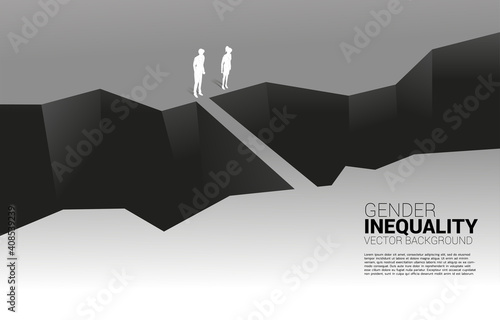 Businessman and business woman in front of valley and the man with the bridge. Concept of gender inequality in business and obstacle in woman career path