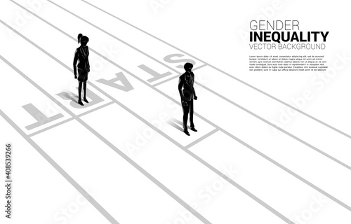 Business concept of gender competition. Silhouette of businessman and business women ready to run at start line on racing track.Concept of gender inequality in business and obstacle in woman career