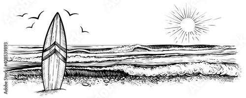 Surfing beach vector landscape, panorama view. Black and white illustration in vintage sketchy style.