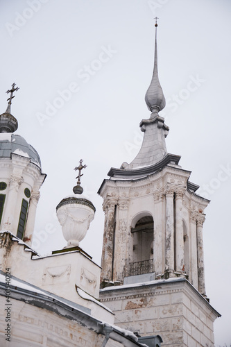 White stone church on the cold winter  photo