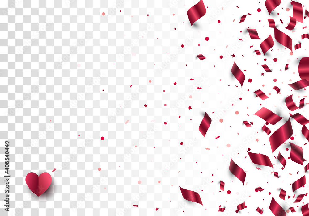 Foil paper confetti scattered on transparent background and red paper cut heart with soft shadow in left corner. Festive vector border. Layered Foil paper confetti scattered on transparent background and red paper cut heart with soft shadow in left corner. Festive vector border. Layered
