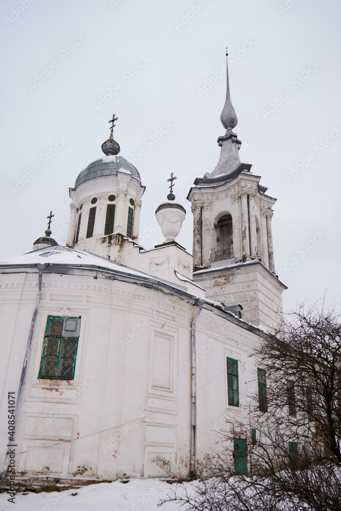 White stone church on the cold winter 