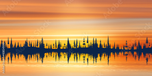 Picturesque reflection of the forest on the horizon and the sunset sky. Fantasy on a landscape theme.