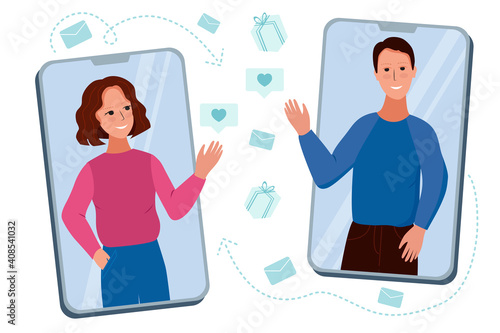 Date in social networks. Cute man and woman wave to each other from smartphone screens, surrounded by symbols of letters, likes, gifts. Love and relationships online. Vector illustration.