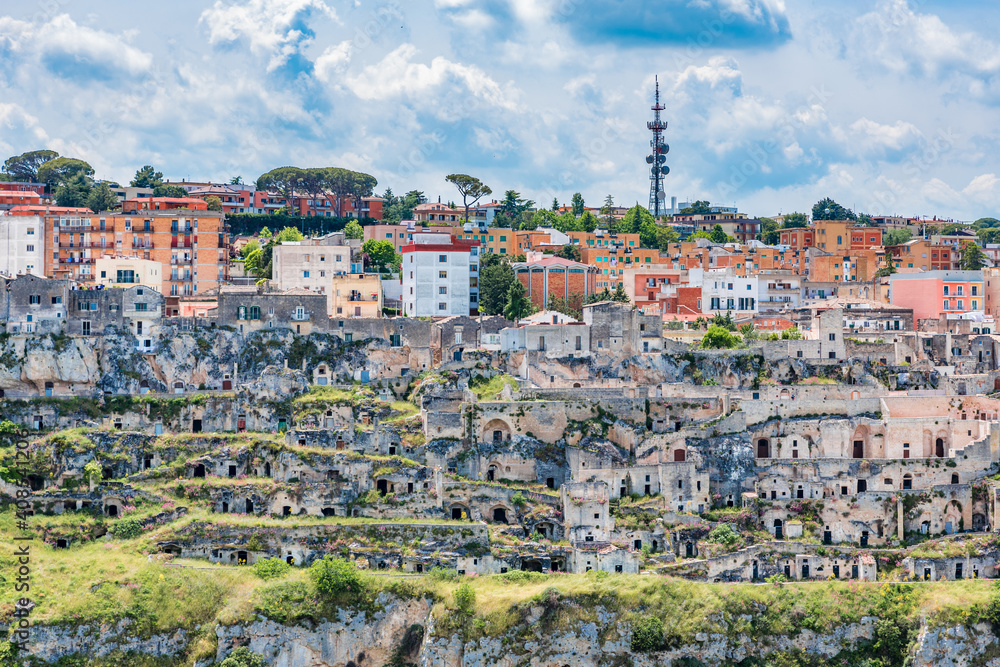 Panoramic view of the Sassi and the Park of the Rupestrian Churches of Matera, Italy
