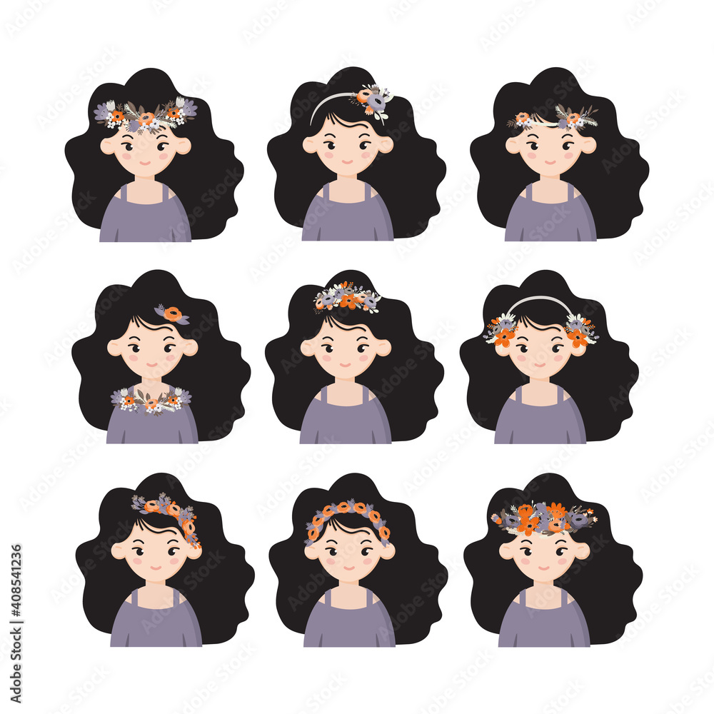 Wreath collection for girls hair. Girl portrait, avatar. Hair wreath Wreath collection for girls hair. Girl portrait, avatar. Hair wreath