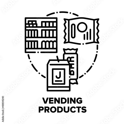 Vending Products Vector Icon Concept. Vending Products Juice And Chocolate Bar, Cookies Or Cereal Healthy Breakfast Dish Package On Food Grocery Shop Counter Shelves Black Illustration