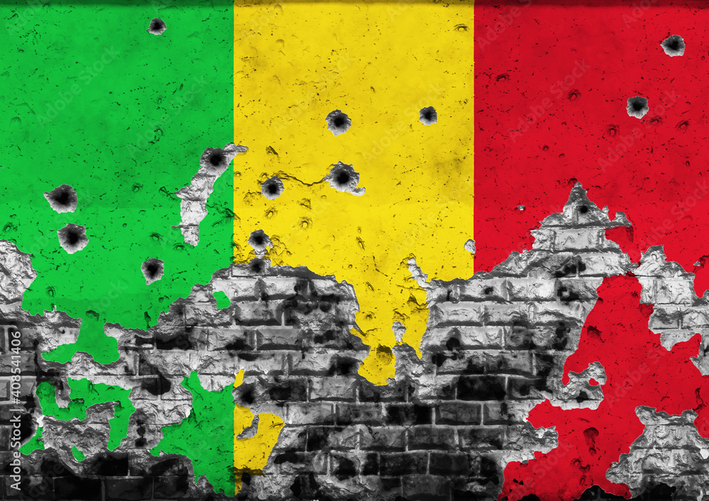 Concept of the Armed Conflict in Mali with a painted flag on a cracked wall with wholes of bullets. 3D-Illustration. 3D-rendering