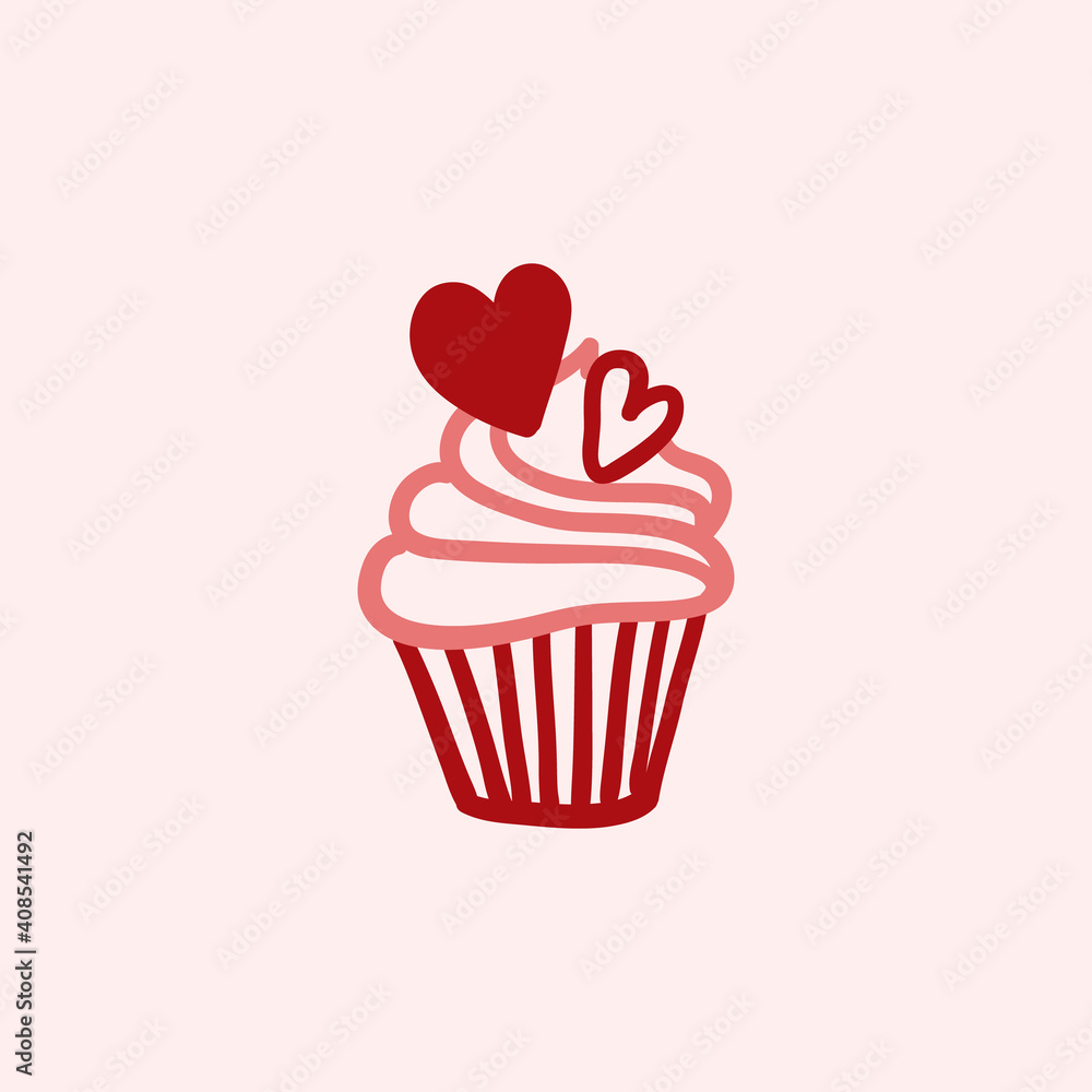 Cupcake for Valentine's Day. Cupcake doodle illustration. Hand-drawn vector element with hearts for greeting cards, banners, invitations. Black outline isolated on a pink background. Cupcake for Valentine's Day. Cupcake doodle illustration. Hand-drawn vector element with hearts for greeting cards, banners, invitations. Black outline isolated on a pink background.