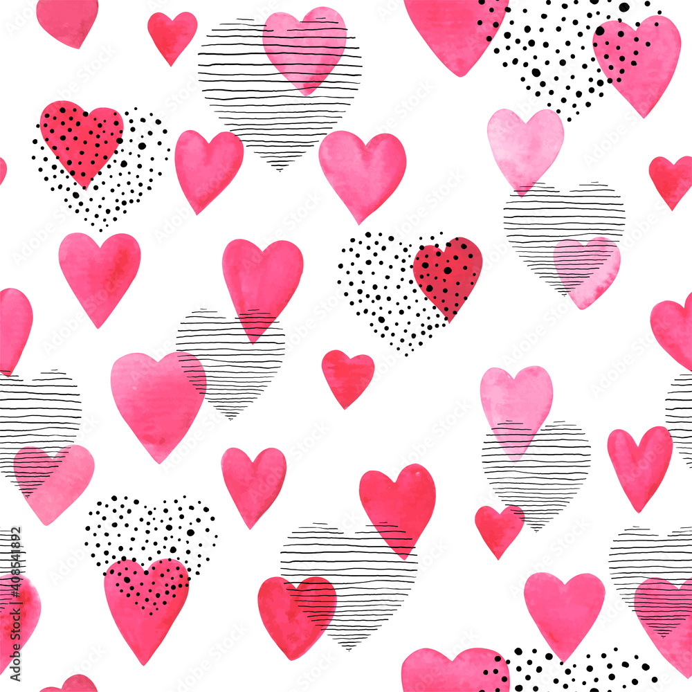 Beautiful Seamless pattern with red watercolor hearts with doodle sketch heart. design for holiday greeting card and invitation of the wedding, Valentine's day and Happy love day - obrazy, fototapety, plakaty 