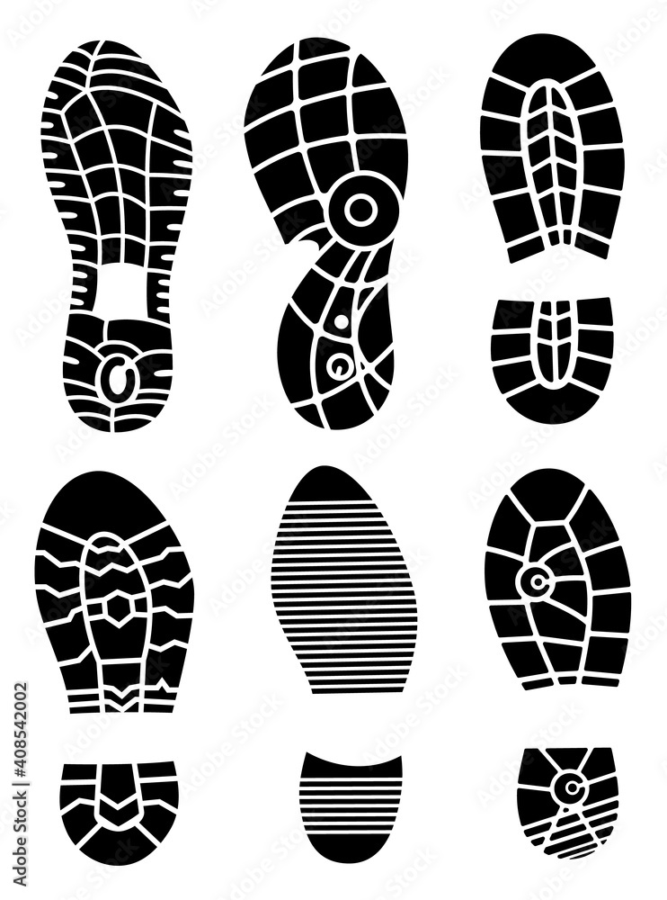 Footprint icons isolated on white background. art. Collection of a imprint soles shoes. Footprint sport shoes big illustration set Footprint icons isolated on white background. art. Collection of a imprint soles shoes. Footprint sport shoes big illustration set
