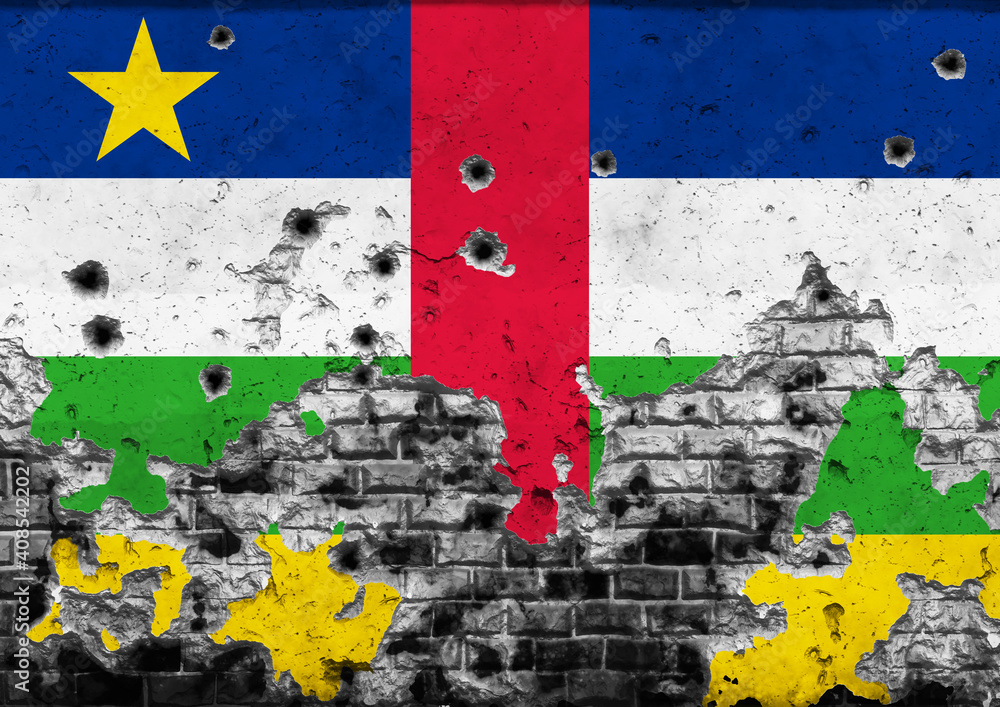 Fototapeta premium Concept of the Armed Conflict in the Central African Republic with a painted flag on a cracked wall with wholes of bullets. 3D-Illustration. 3D-rendering